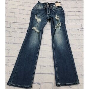 Flamingals Straight Jeans WOMENS SIZE XS Dark Wash Distressed 5 Pockets 204884